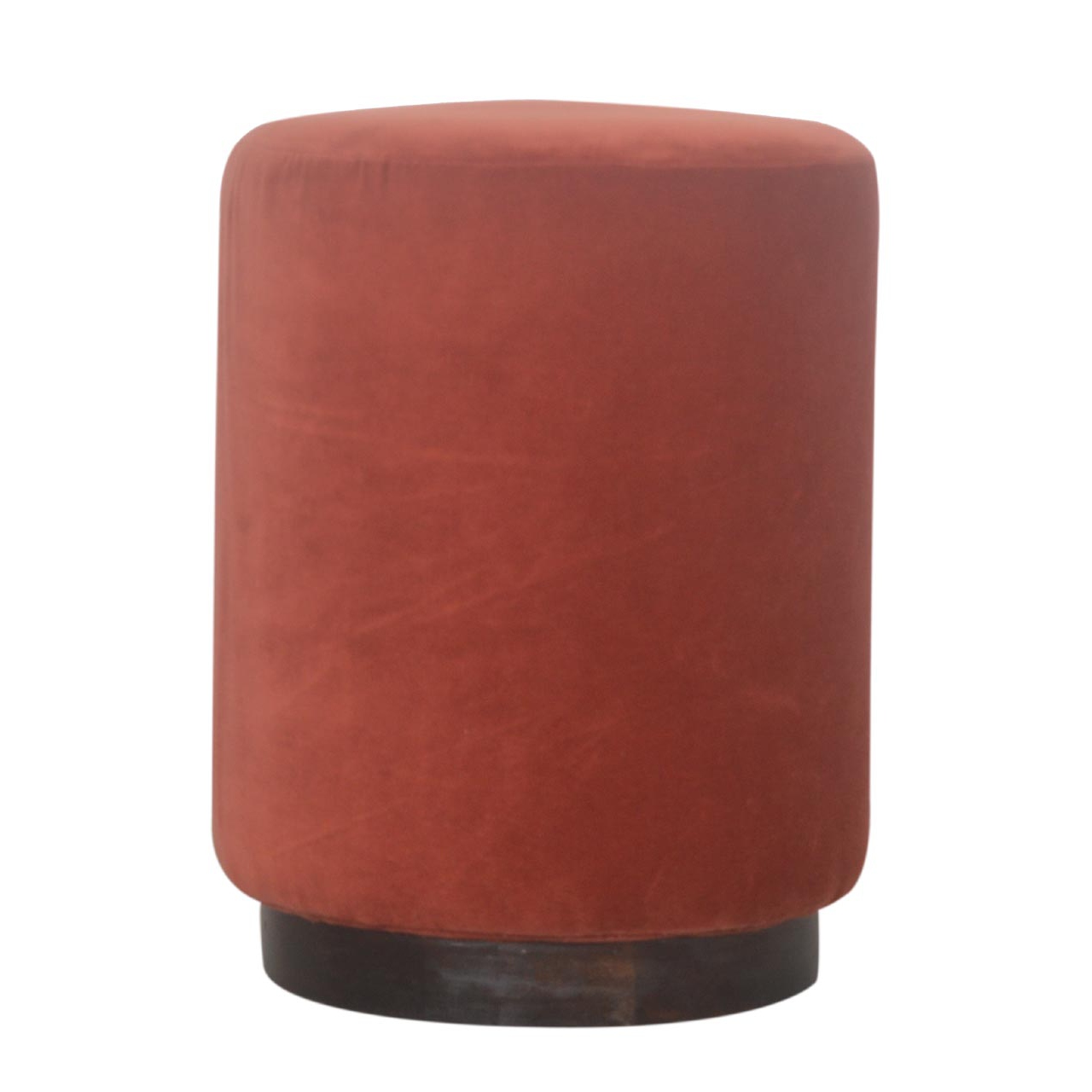 Solid Mango Wood Walnut Finished Rust Cotton Velvet Cylindrical Footstool with Wooden Base - Image 6