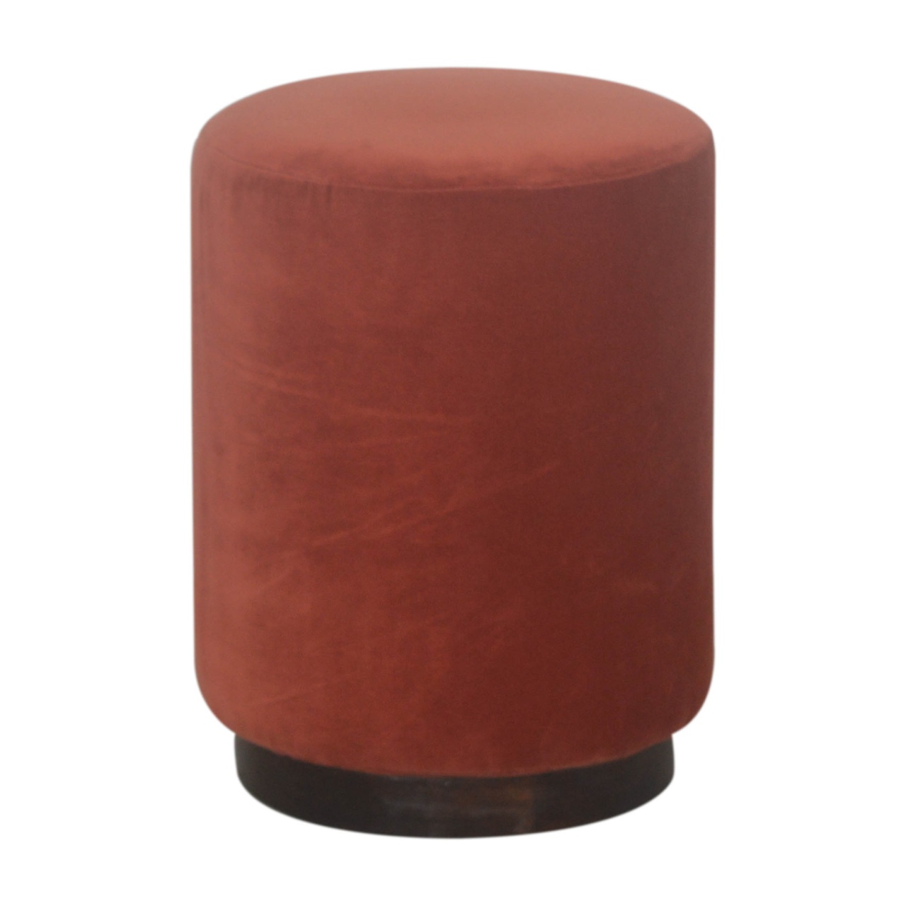 Solid Mango Wood Walnut Finished Rust Cotton Velvet Cylindrical Footstool with Wooden Base - Image 5