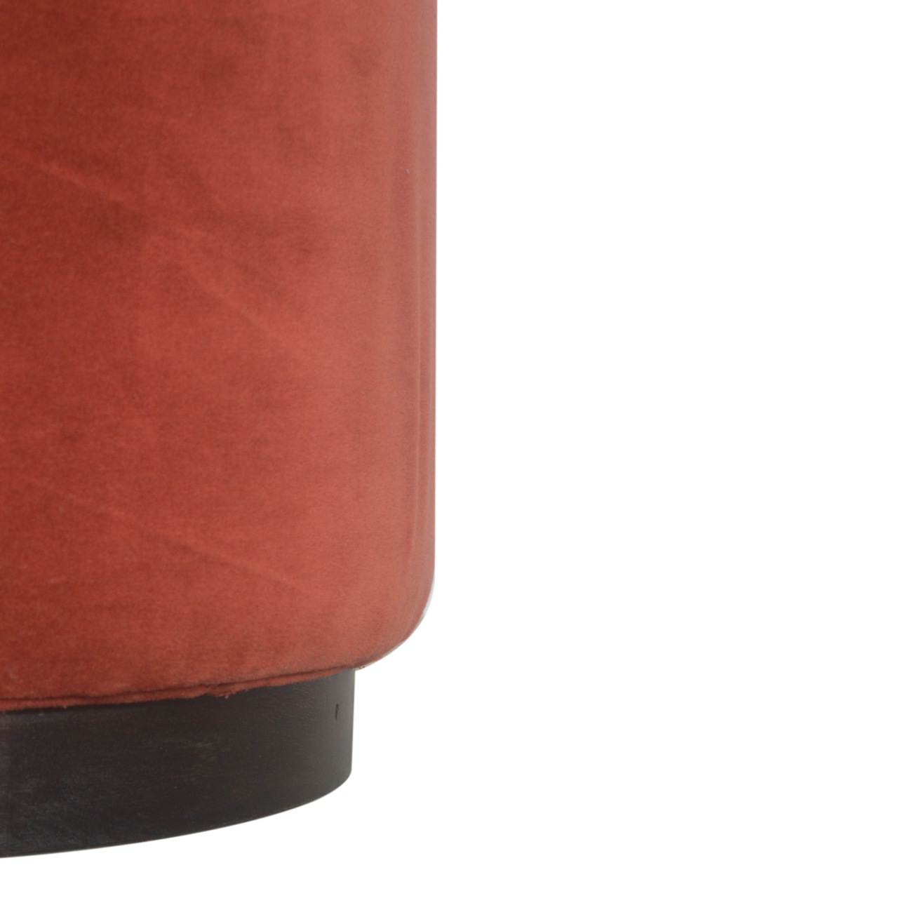 Solid Mango Wood Walnut Finished Rust Cotton Velvet Cylindrical Footstool with Wooden Base - Image 3