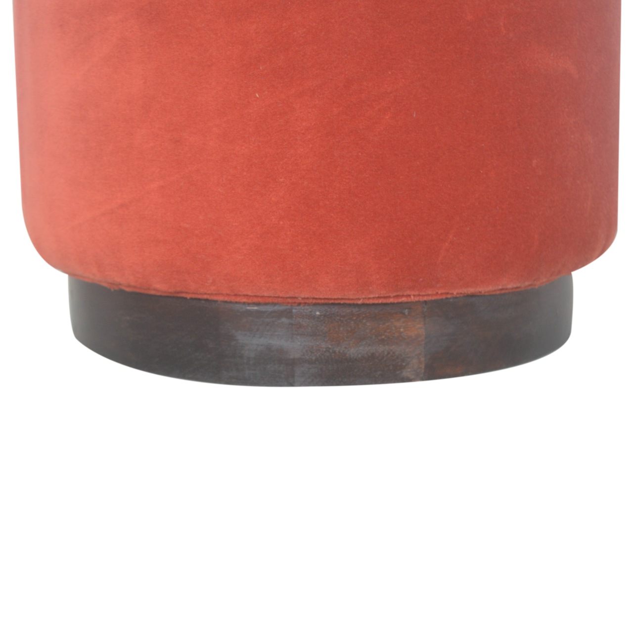 Solid Mango Wood Walnut Finished Rust Cotton Velvet Cylindrical Footstool with Wooden Base - Image 2
