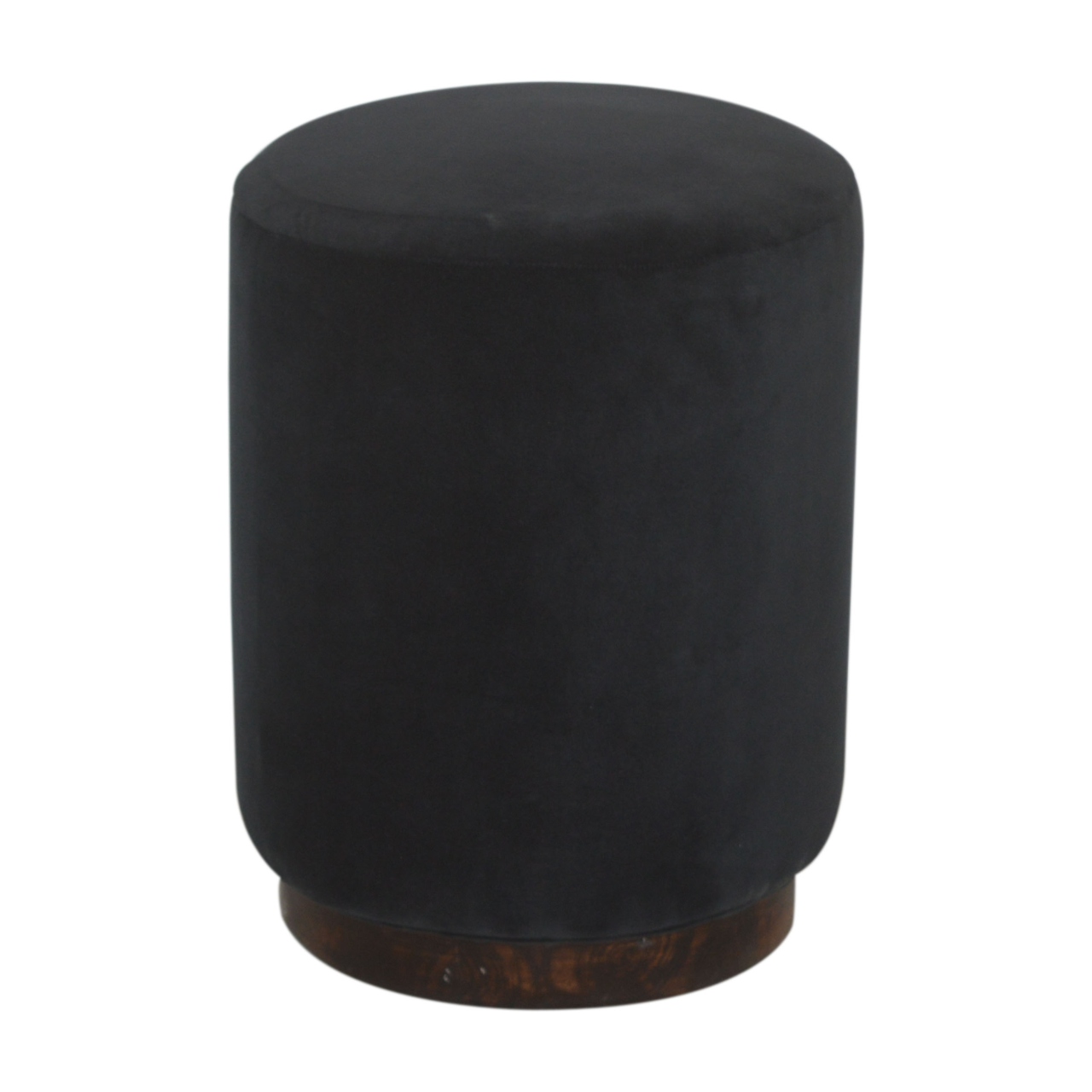 Solid Mango Wood Walnut Finished Black Cotton Velvet Cylindrical Footstool with Wooden Base - Image 3
