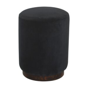 Solid Mango Wood Walnut Finished Black Cotton Velvet Cylindrical Footstool with Wooden Base