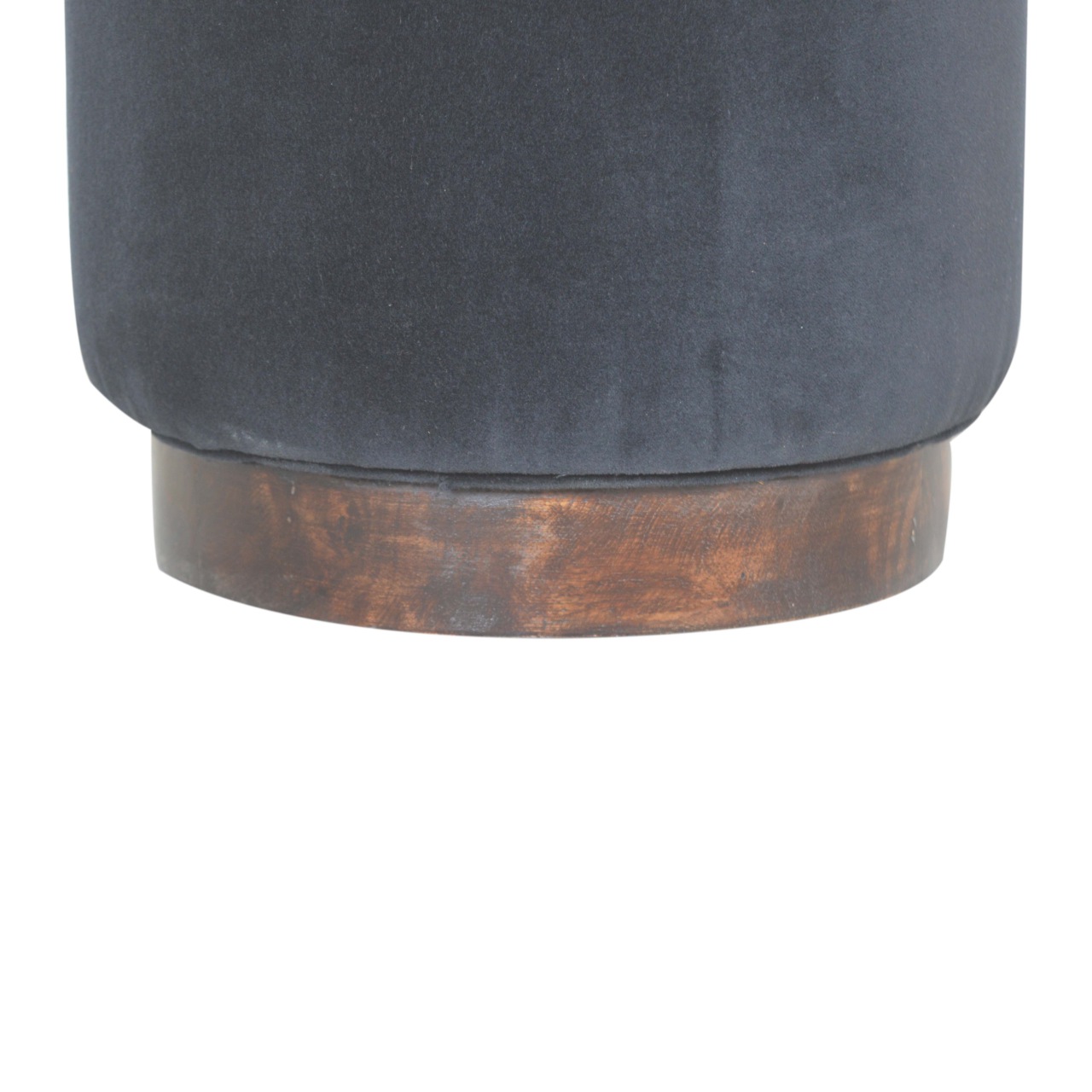 Solid Mango Wood Walnut Finished Black Cotton Velvet Cylindrical Footstool with Wooden Base - Image 4