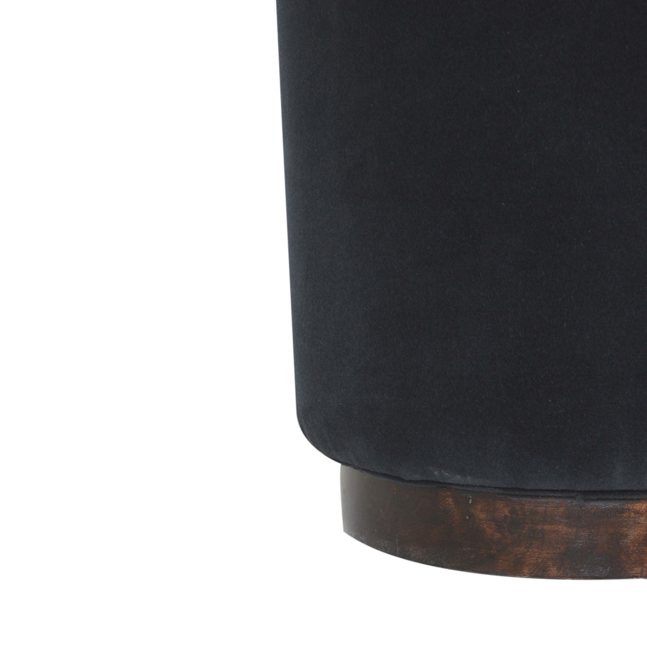 Solid Mango Wood Walnut Finished Black Cotton Velvet Cylindrical Footstool with Wooden Base - Image 6