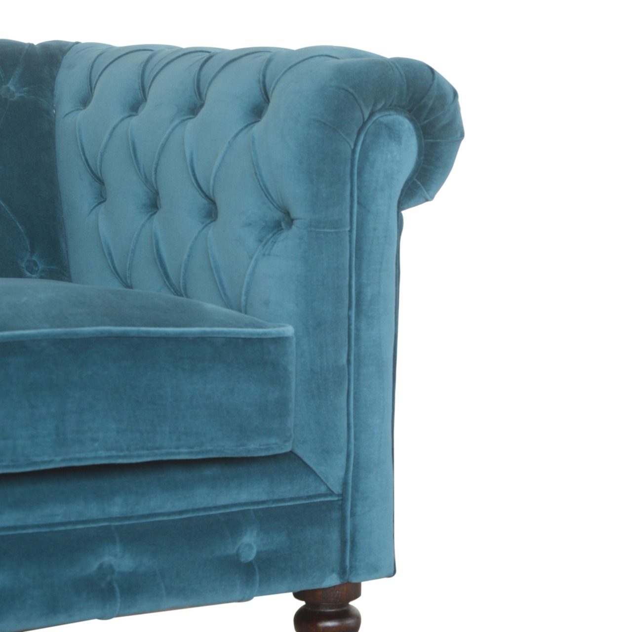 Solid Mango Wood Chestnut Finished 2 Seater Teal Cotton Velvet Deep Button Tufted Chesterfield Sofa - Image 4