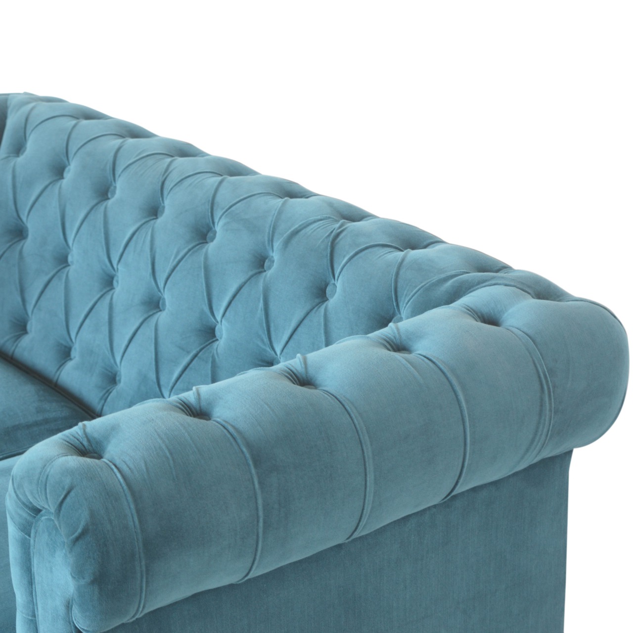 Solid Mango Wood Chestnut Finished 2 Seater Teal Cotton Velvet Deep Button Tufted Chesterfield Sofa - Image 5