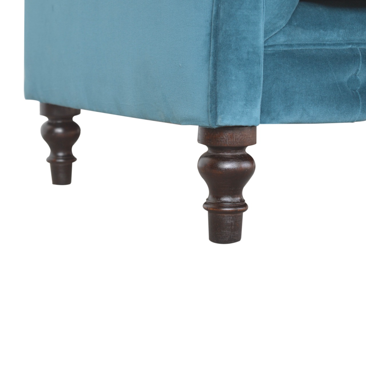 Solid Mango Wood Chestnut Finished 2 Seater Teal Cotton Velvet Deep Button Tufted Chesterfield Sofa - Image 6