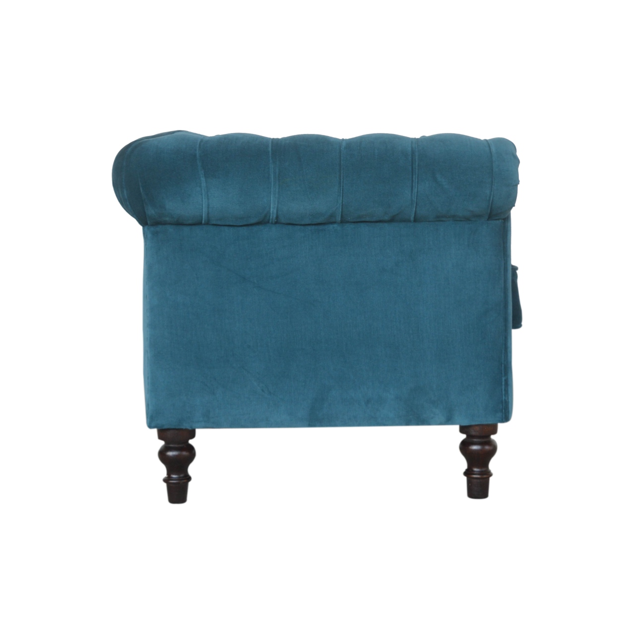 Solid Mango Wood Chestnut Finished 2 Seater Teal Cotton Velvet Deep Button Tufted Chesterfield Sofa - Image 7