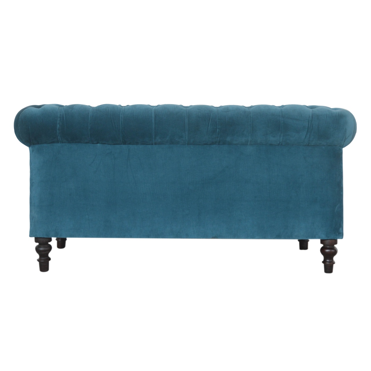 Solid Mango Wood Chestnut Finished 2 Seater Teal Cotton Velvet Deep Button Tufted Chesterfield Sofa - Image 8