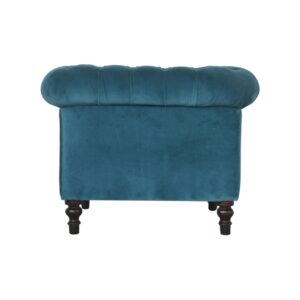 Solid Mango Wood Walnut Finished Teal Cotton Velvet Deep Button Chesterfield Arm Chair