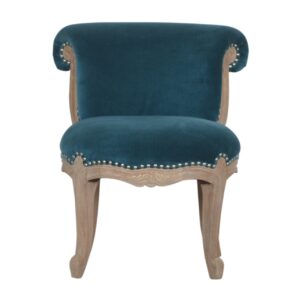 Solid Mango Wood Oak Finished Teal Cotton Velvet Studded Chair