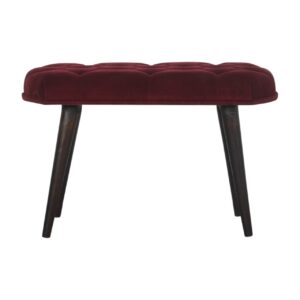 Solid Mango Wood Walnut Finished Wine Red Cotton Velvet Bench with Scandinavian Style Legs