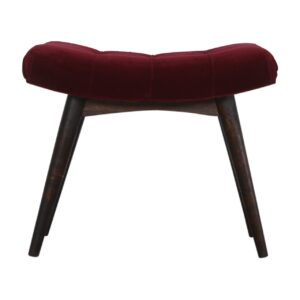 Solid Mango Wood Walnut Finished Wine Red Cotton Velvet Curved Bench