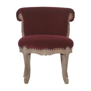 Solid Mango Wood Oak Finished Wine Red Velvet Studded Chair