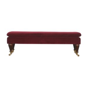 Solid Mango Wood Walnut Finished Wine Red Velvet Bench with Castor Feet