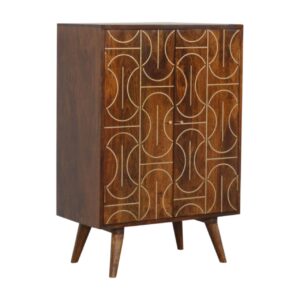 Solid Mango Wood Chestnut Finished with Brass Inlay Pattern 3 Shelf 1 Drawer Abstract Cabinet with Scandinavian Legs