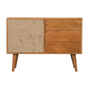 Solid Mango Wood Oak Finished Champagne Cube Design 3 Drawer 2 Shelf Acadia Cabinet with Scandinavian Legs
