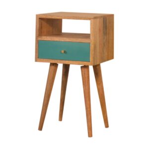 Solid Mango Wood Oak Finished Teal Hand Painted 1 Drawer 1 Slot Mini Bedside with Scandinavian Legs