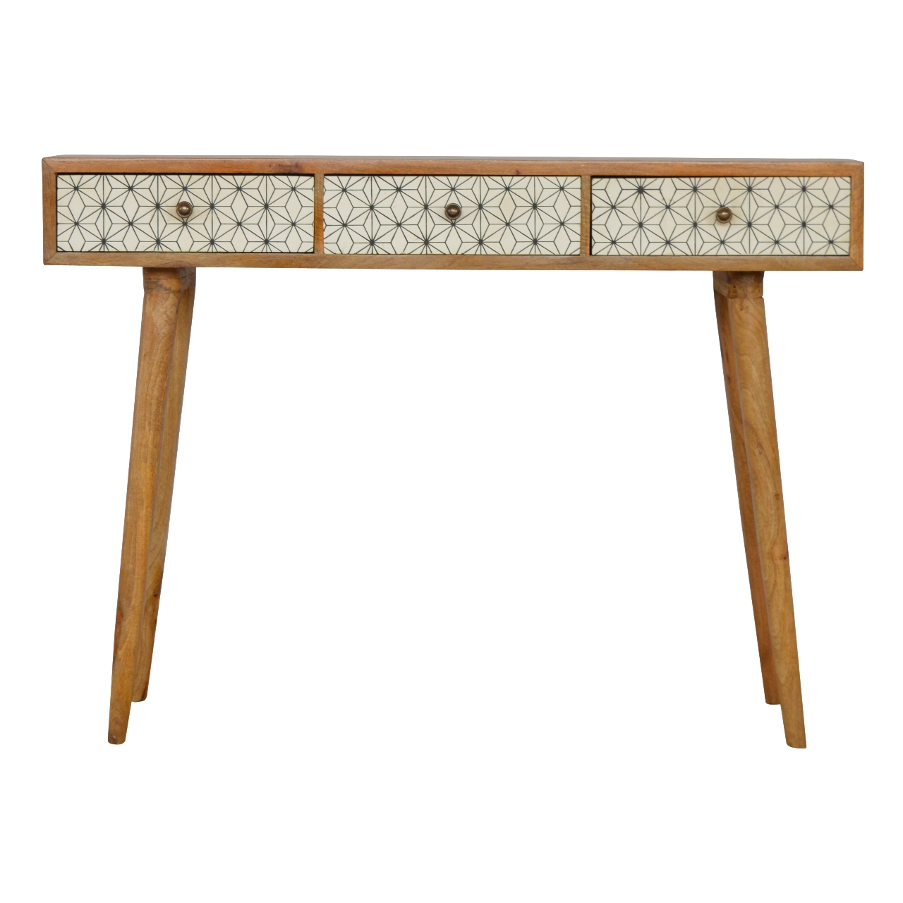 Solid Oak Finished Mango Wood 3 Drawer Screen Print Scandinavian Desk