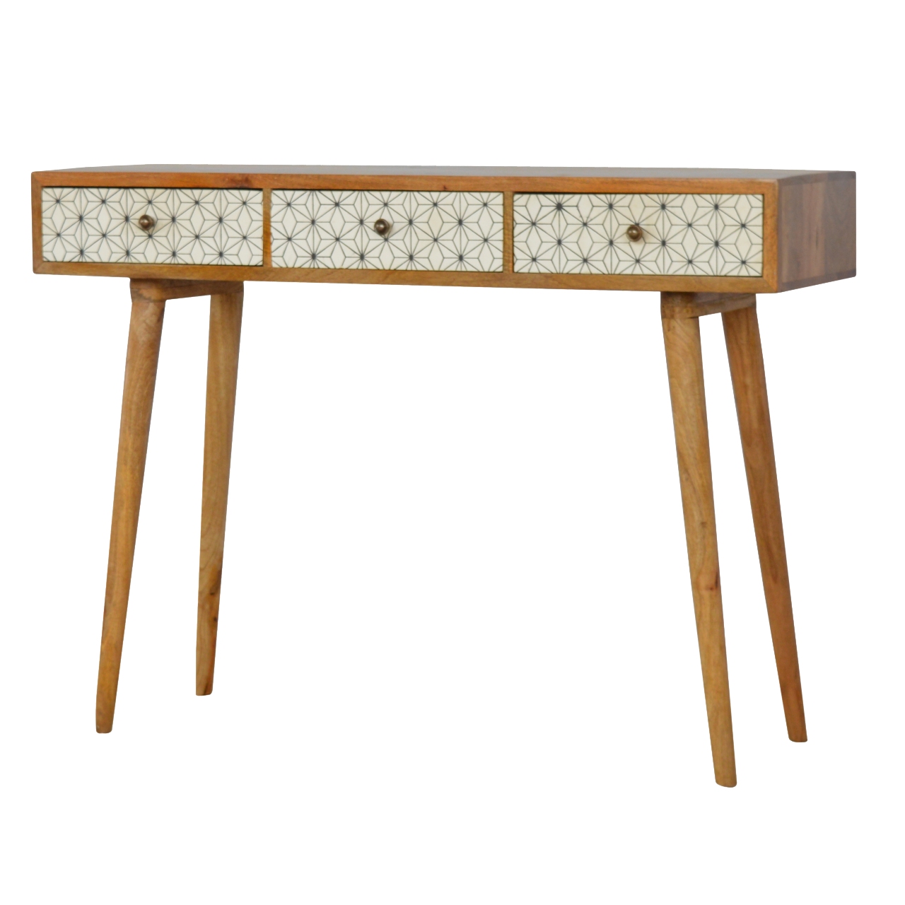 Solid Oak Finished Mango Wood 3 Drawer Screen Print Scandinavian Desk - Image 3