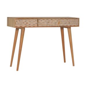 Solid Mango Wood Oak Finished 3 Drawer Sarina Contrasting Block Print Console Table with Scandinavian Legs