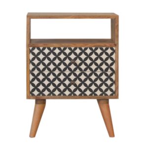 Solid Oak Finished Black and White Screen Diamond Printed Mango Wood 2 Drawer Bedside