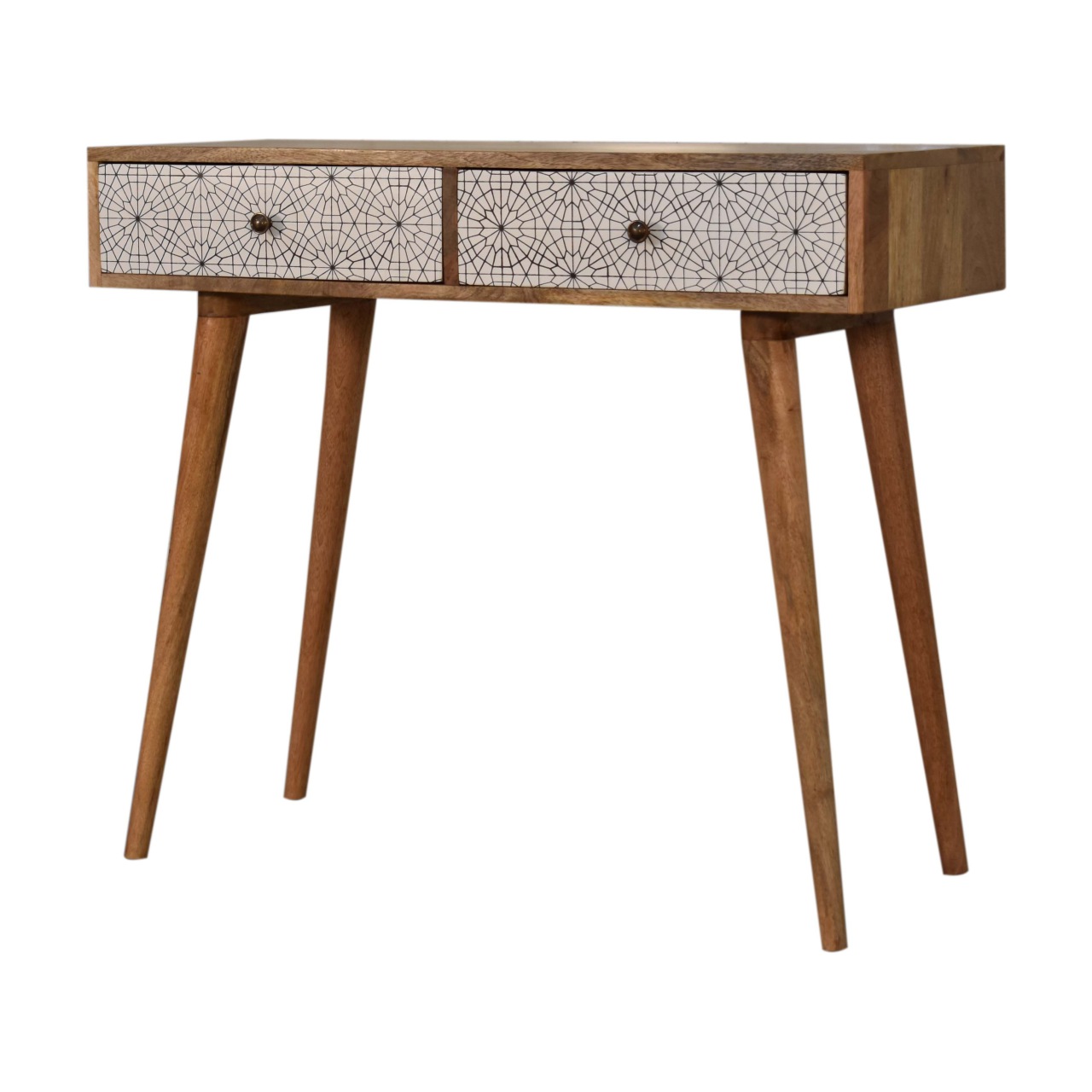 Solid Oak Finished Black and White Sendai Patterned Mango Wood Two Drawer Scandinavian Console Table