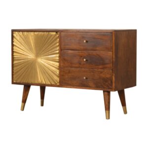 Solid Chestnut Finished Mango Wood 3 Drawer 1 Door Brass Fronted Manila Sideboard/Cabinet