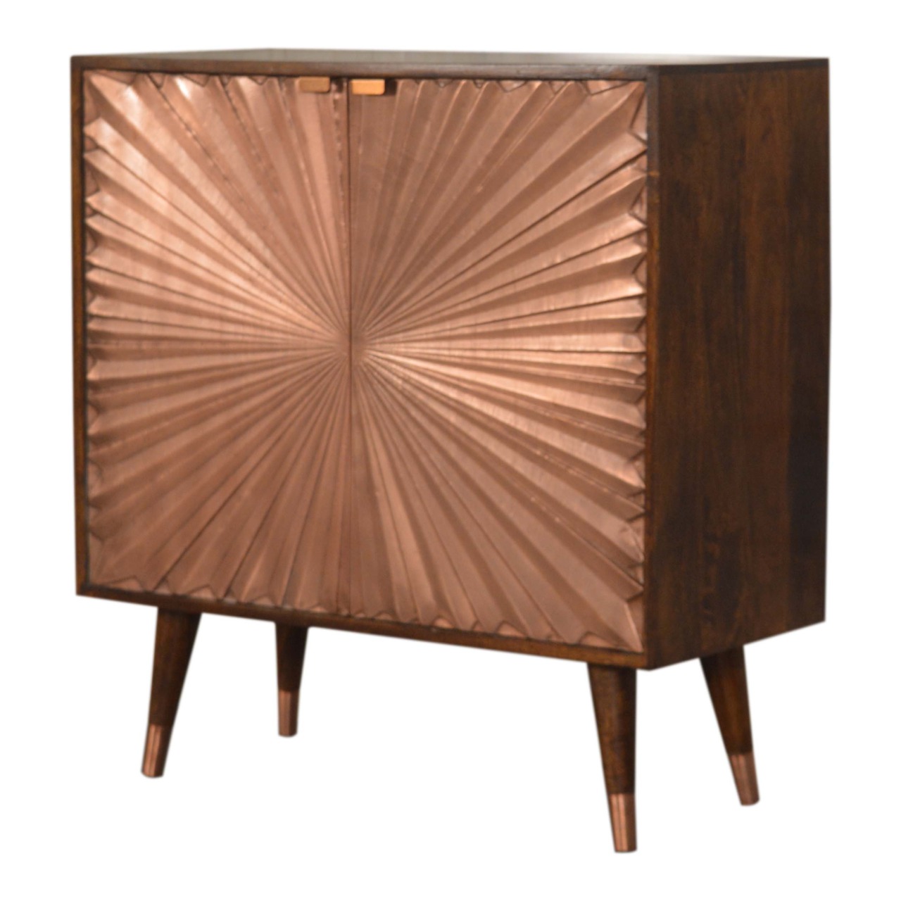 Solid Chestnut Finished Mango Wood Brass Plate Front 2 Door Cabinet with Scandinavian Legs - Image 2