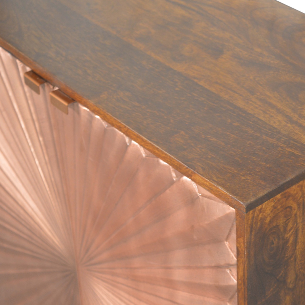 Solid Chestnut Finished Mango Wood Brass Plate Front 2 Door Cabinet with Scandinavian Legs - Image 4