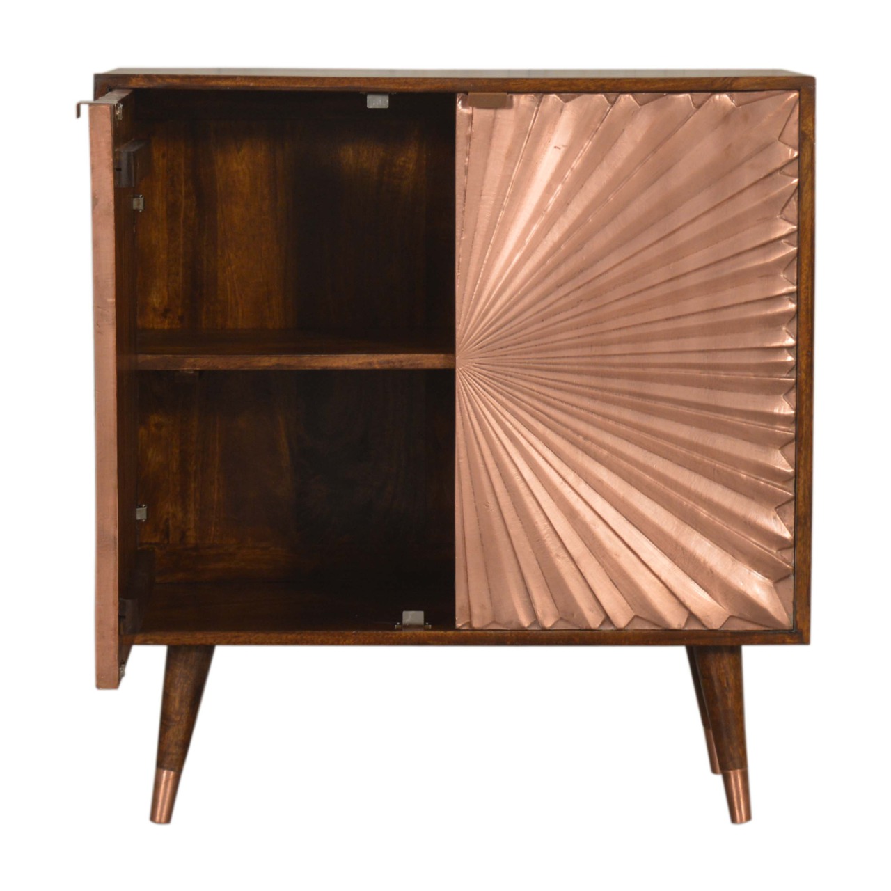 Solid Chestnut Finished Mango Wood Brass Plate Front 2 Door Cabinet with Scandinavian Legs - Image 5