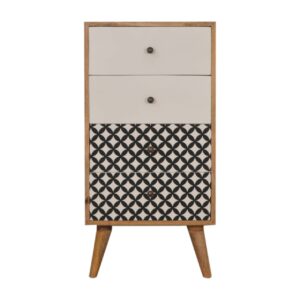 Solid Oak Finished Mango Wood Black Diamond Printed 4 Drawer Tall Boy Chest of Drawers with 4 Scandinavian Style Legs