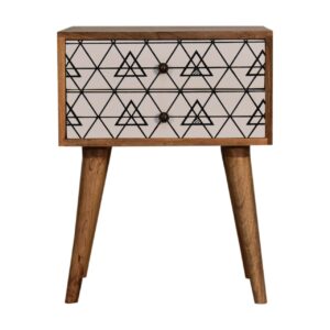 Solid Oak Finished Mango Wood Triangle Screen Print 2 Drawer Bedside