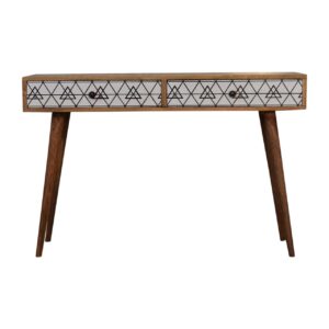 Solid Mango Wood Triangle Black and White Screen Printed Scandinavian Style 2 Drawer Console Table