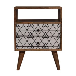Solid Oak Finished Black and White Screen Print Triangle Mango Wood 2 Drawer Bedside