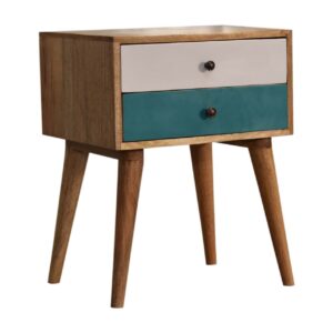 Solid Oak Finished White and Teal Painted Mango Wood 2 Drawer Bedside