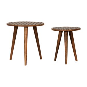 Solid Mango Wood Oak Finished Black and White Screen Printed 2PC Tripod Table Set