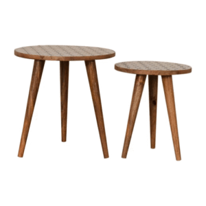 Solid Oak Finished Geometric Pattern Mango Wood Scandinavian Style Set of Two Lismore End Tables