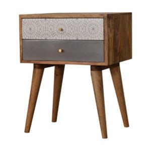Solid Oak Finished Grey Patterned 2 Drawer Bedside