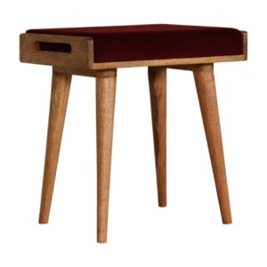 Solid Oak Finished Mango Wood Scandinavian Style Wine Red Velvet Tray Footstool