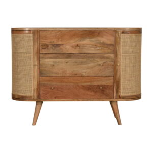 Solid Oak Finished + Hessian Mango Wood 2 Pod Door 3 Drawer Cabinet