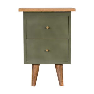 Solid Mango Wood Oak Finished Olive Painted Two Drawer Bedside Table/Cabinet