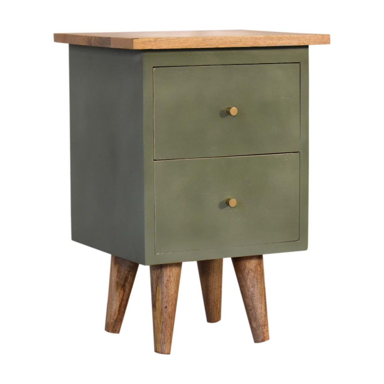 Solid Mango Wood Oak Finished Olive Painted Two Drawer Bedside Table/Cabinet - Image 2