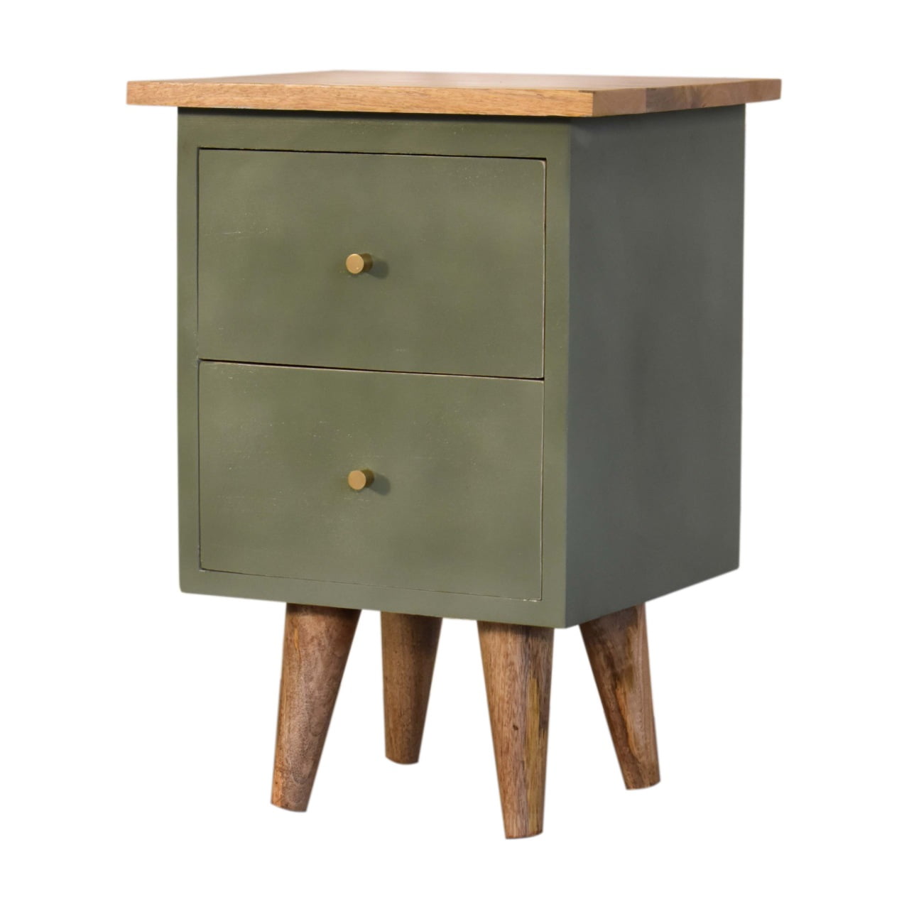 Solid Mango Wood Oak Finished Olive Painted Two Drawer Bedside Table/Cabinet - Image 3