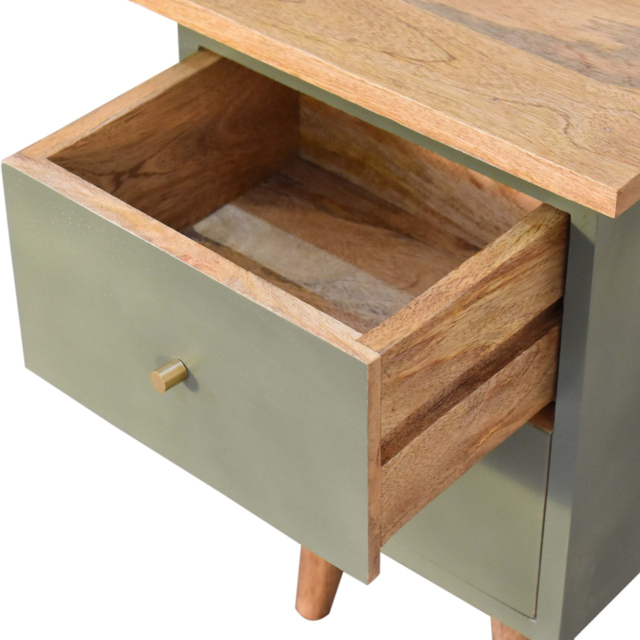 Solid Mango Wood Oak Finished Olive Painted Two Drawer Bedside Table/Cabinet - Image 6