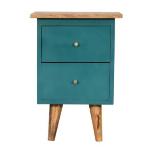 Solid Mango Wood Oak Finished Teal Painted Two Drawer Bedside Table/Cabinet