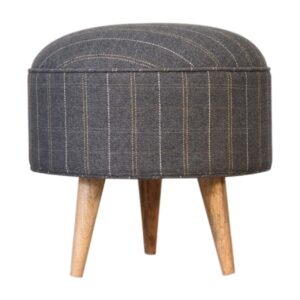 Solid Mango Wood Oak Finished Pewter Tweed Scandinavian Style Footstool