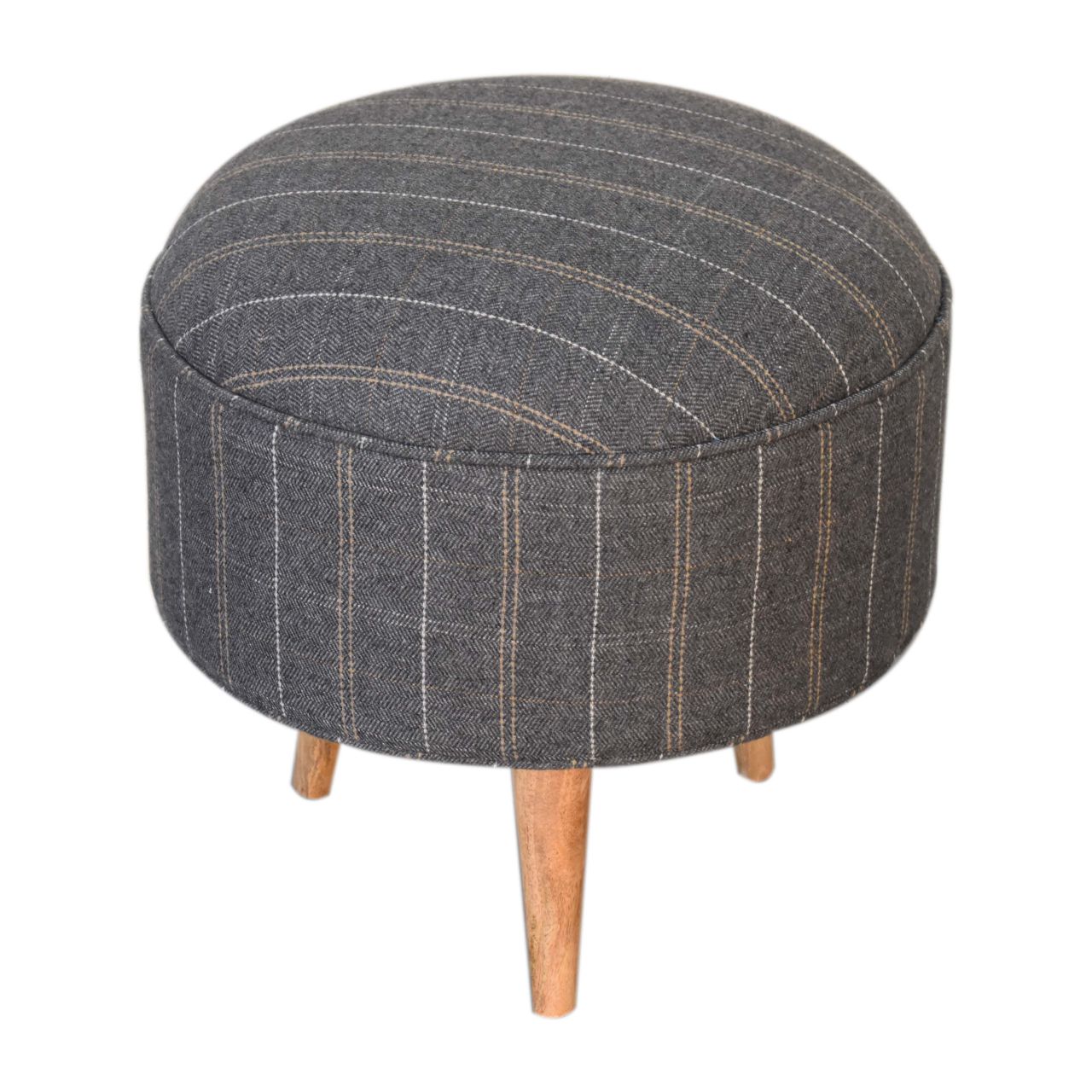 Solid Mango Wood Oak Finished Pewter Tweed Scandinavian Style Footstool - Image 3