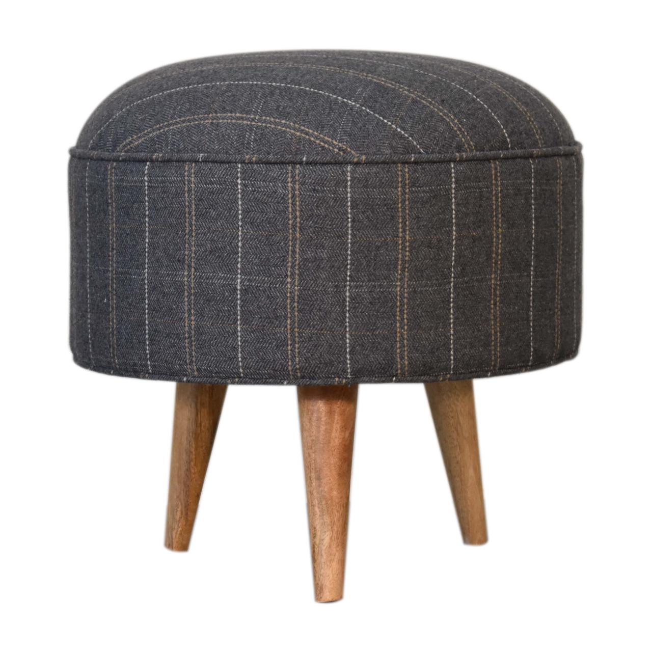 Solid Mango Wood Oak Finished Pewter Tweed Scandinavian Style Footstool - Image 7