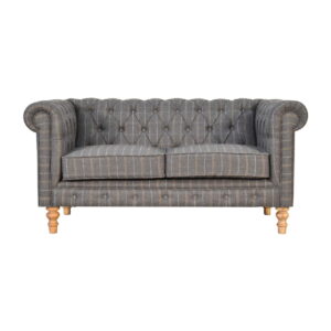 Solid Mango Wood Oak Finished 2 Seater Pewter Tweed Deep Button Tufted Chesterfield Sofa